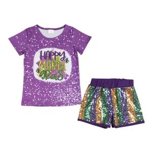 紫色快乐狂欢节顶级亮片短裤套装RTS批发学步精品女孩节日服装