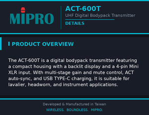 MIPRO Efficient Multi Stage Gain Bodypack With Backlit Display Digital Transmitter And Mute Control <b>For</b> Wireless Systems - Product Image 4