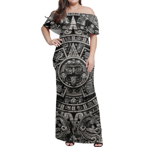 Robe longue imprimée en 3D avec motif de <span class=keywords><strong>tatouage</strong></span> <span class=keywords><strong>aztèque</strong></span> du Mexique, impression à la demande, grande taille, robes sexy pour femmes, robe d'été sexy, épaules dénudées - Product Image 2