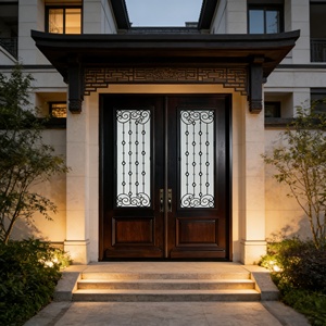 Puerta de Entrada Doble Exterior para Villa de Lujo, Estilo Victoriano, Hierro Forjado, Vidrio, Madera Sólida, Hecha a Medida - Product Image 6