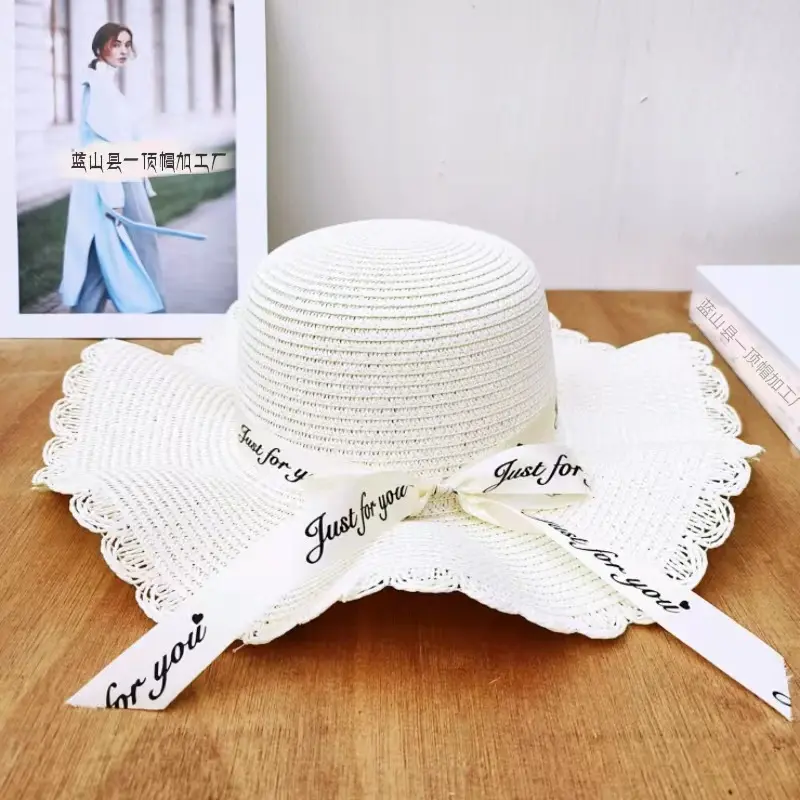 Güneş şapkası çocuk yaz tüm fransız moda güneş şapkası açık tatil plaj kore İngilizce şerit yay hasır şapka