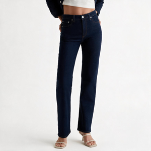 Jeans slim stretch taille haute pour femme, coupe droite, denim brut bleu foncé, pantalon décontracté tendance, personnalisable OEM - Product Image 1