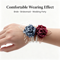 Boutonniere Buatan Tangan dengan Mutiara, Daun Logam, dan Manik-manik Satin Burgundy untuk Pengantin Pria, Pendamping Pengantin, Dekorasi Pernikahan, dan Pesta Prom