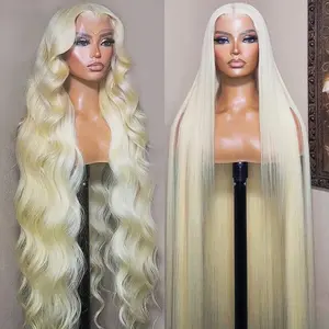 Blonde body wave transparent lace front wig 40 inch 613 full lace human hair preplucked wholesale frontal wig with baby hair