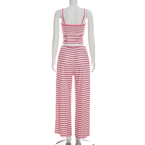 Viviblook Y26ST110 Women Spring Summer <b>Set</b> Striped Vest Top High Drawstring Straight Loose Pants Two Piece Casual <b>Set</b> - Product Image 3