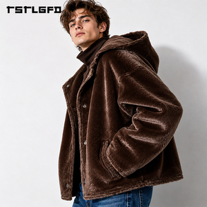 Cut And Sew Reversible Faux Fur <b>Suede</b> <b>Jacket</b> Brown Hooded Winter Oversized Double Sided Streetwear Coat Wholesale Bulk - Product Image 2