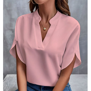 เสื้อสตรีคอวีแขนสั้นเสื้อเชิ้ตสีทึบลำลอง - Product Image 6