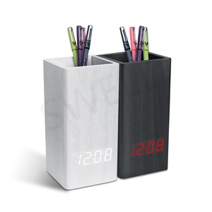 Réveil de bureau pour alarme, 1 pièce, contrôleur de son créatif intelligent, porte-stylo numérique, horloge en bois avec date - Product Image 1