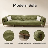 Canapé de salon haut de gamme 3 places 300 cm en velours chenille vert olive avec cadre en bois de frêne crème style Mid-Century