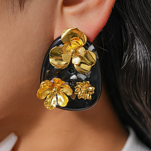 Vintage Flower Stud Earrings Gold Plated Acrylic <b>Resin</b> Women's Party Jewelry - Product Image 5