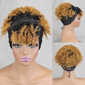 Perruques de bandeau écharpe noire naturelle avec frange <span class=keywords><strong>Afro</strong></span> Puff perruque de <span class=keywords><strong>cheveux</strong></span> humains courte bouclée abordable sans colle - Product Image 2