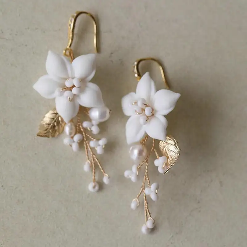 White Ceramic Floral Bridal Earrings Gold Color Leaf Wedding Accessories Handmade Beaded Earring For Women Prom Jewelry