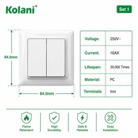Interrupteur mural double bouton 2 voies Kolani, norme européenne, blanc brillant, en PC ignifuge, pour usage domestique