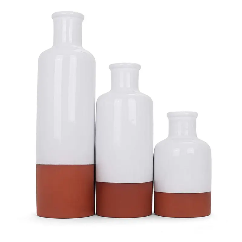 Terrakotta Blume Flasche Set - Set von 3 Weiß Flaschen-Zwei Getönten Ton Vase Trio Zeitgenössische Vasen