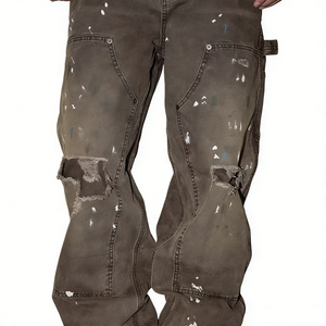 Pantalones Cargo Vintage de Pierna Recta, Vaqueros de Mezclilla Desgastados con Lavado Intenso y Efecto Salpicado de Tinta, con Doble Rodilla, Diseño Exclusivo para Hombre - Product Image 4