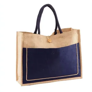 Sacs fourre-tout en jute imprimés sur mesure avec poche avant en toile, sacs en toile de jute naturelle réutilisables pour cadeaux, shopping, style motif lettres - Product Image 4