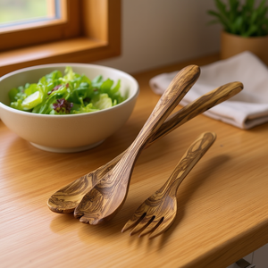 Ensemble de couverts à salade 2 pièces en bois d'olivier, cuillère et fourchette pour servir les salades - Product Image 3