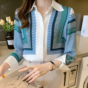 Women Fashion Geometric Pattern Print Loose Blouses Vintage Long Sleeve Button-up Female Shirts Blusas Chic Tops