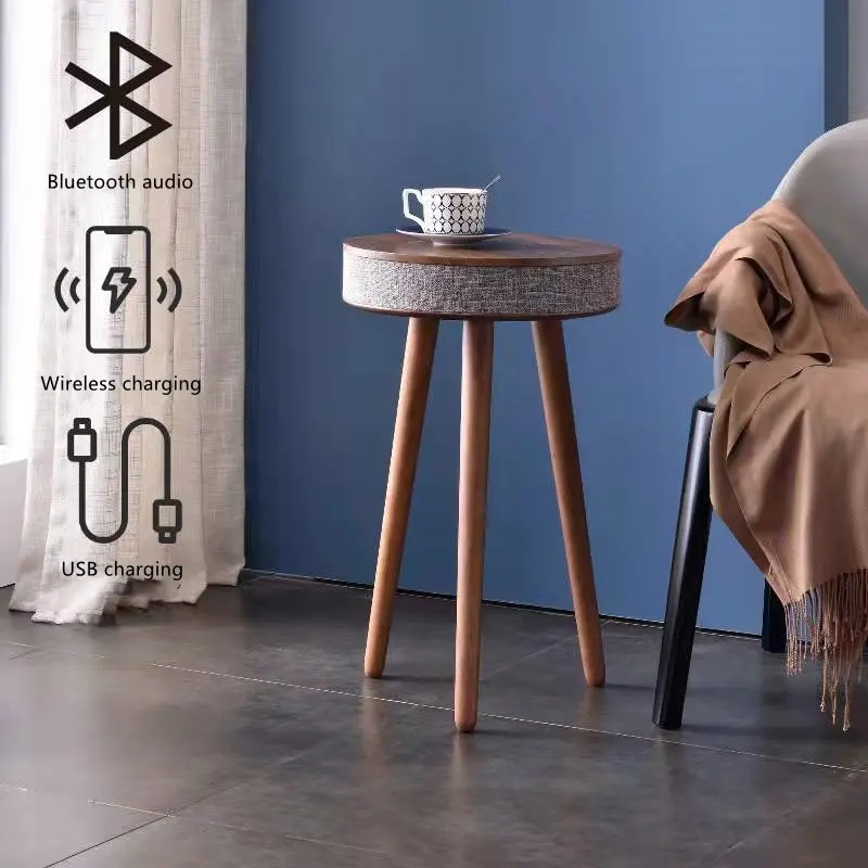 Perabotan Mewah Meja Kopi Kecil Kayu Pintar Pengisian Nirkabel Bluetooth Speaker Meja Sudut Bergerak Rumah untuk Dekorasi Rumah