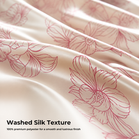 Parure de lit 4 pièces en fibre de polyester 100 % lavée effet soie, motif floral rose, draps en satin rafraîchissant à bordure large contrastante haute densité