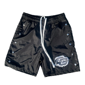 Shorts de Baño Casuales para Hombre, Negros, Bordados, con Cordón Ajustable, Cintura Media, Secado Rápido, Tela Satinada - Product Image 1