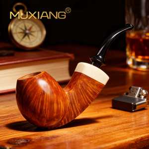 Muxiang Briar Wood Smoking Pipe Bent Shape Imitation Ivory Ring 3mm Filter Traditional Tobacco Pipe For Men - Product Image 1