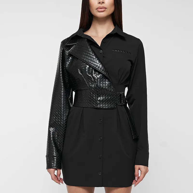Custom Ladies Trend Stitching Belt Designer Suit Mini dress Long Sleeve Leather party club dress for women