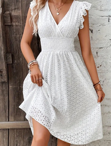 Abito Midi con Scollo a V, Tinta Unita, Manica Corta, <span class=keywords><strong>Linea</strong></span> ad A, Casual, Elegante, per Uso Quotidiano, <span class=keywords><strong>Moda</strong></span>, Piccolo MOQ, Vendita all'Ingrosso per Boutique - Product Image 4
