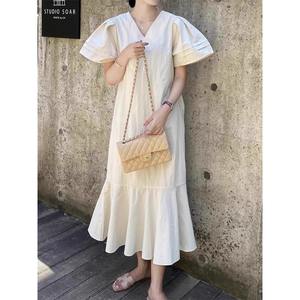 2025 été nouveau rétro col en v ample décontracté long à volants manches volantes robe pour femmes - Product Image 1