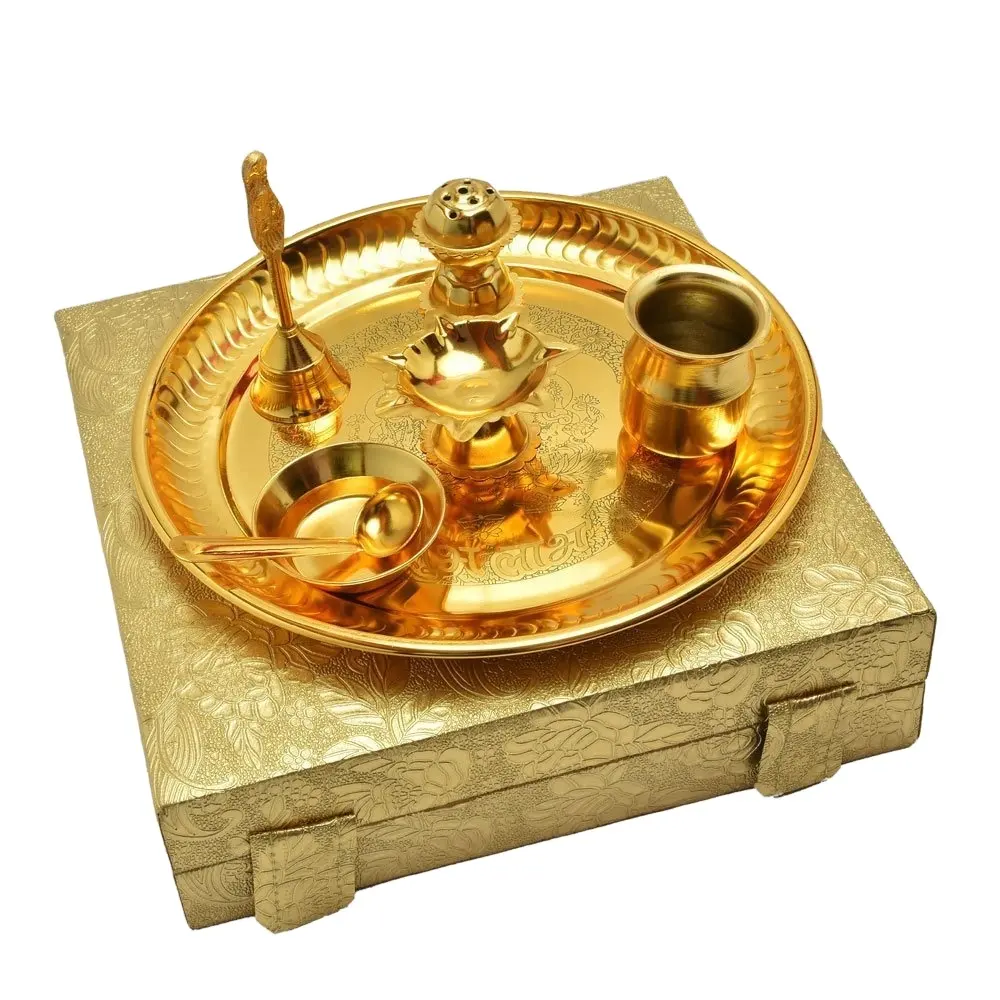 Artesanal de metal banhado a ouro pooja thali com agarbati stand & diwali pooja mandap bem-vindo