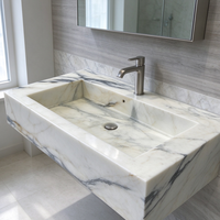Meuble-lavabo double moderne en marbre blanc Arabescato Calcatta, pierre naturelle, finition polie, avec drain intégré et robinet monotrou