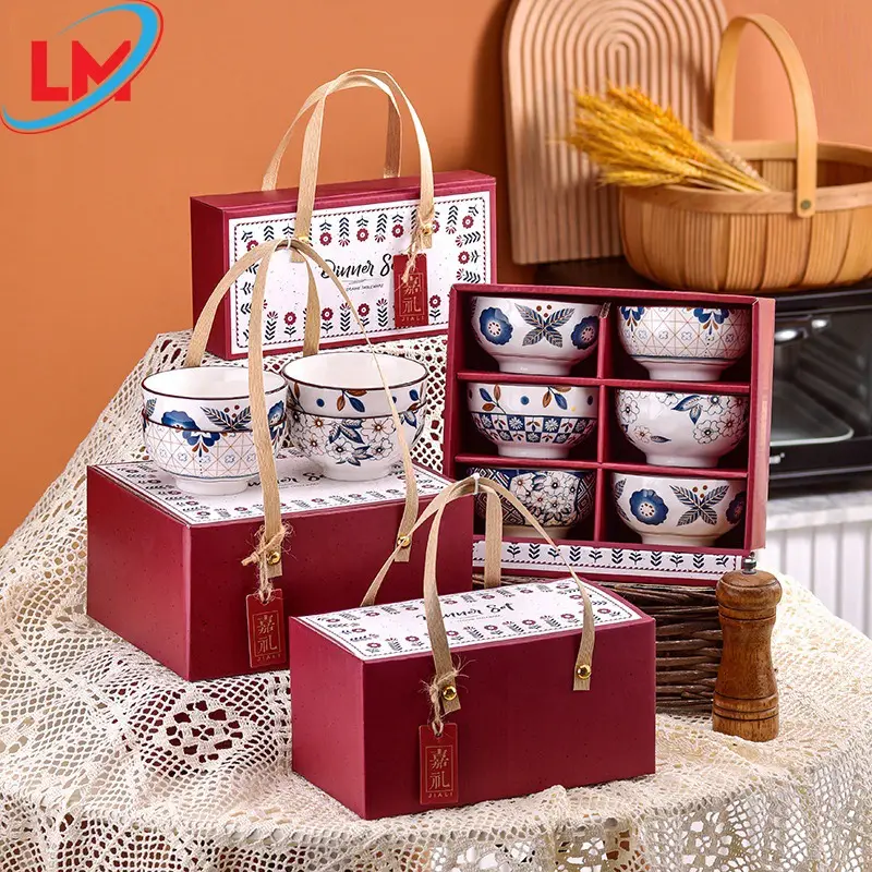 Flower Porcelain Rice Ramen Soup Bowls Dinner Plates Gift Box for Souvenir Wedding 4.5inch Red Ceramic Bowl Gift Set