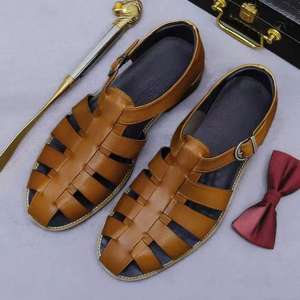 Sandales en cuir pour hommes, style rétro et tendance, respirantes, avec boucles réglables, chaussures habillées pour hommes de style rétro. - Product Image 1