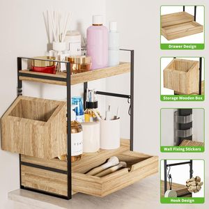 Organisateur de comptoir <span class=keywords><strong>en</strong></span> bois à 2 niveaux CF <span class=keywords><strong>pour</strong></span> cosmétiques, maquillage et produits de soin, avec tiroir, panier et 2 crochets - Product Image 5