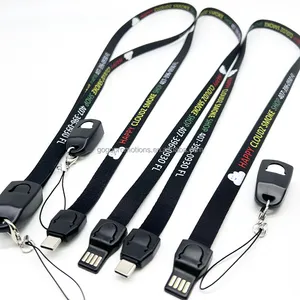 Kabel usb 3 in 1, kawat USB Lanyard untuk ponsel tipe C kabel pengisian daya dengan gesper keamanan