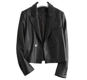 3126 traje de diseño clásico y elegante bolsillo de solapa cuero genuino piel de oveja señoras Chaqueta corta abrigo - Product Image 4