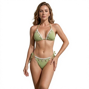Conjunto de bikini de 2 piezas acanalado para mujer, con espalda descubierta, halter y lazos laterales, de secado rápido, transpirable, para verano y playa - Product Image 2