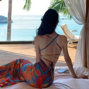 Thailand Beach Dress Backless Criss Cross Neckline Natural Waistline Splicing Design Vacation Island Outfit Breathable Summer - Product Image 2