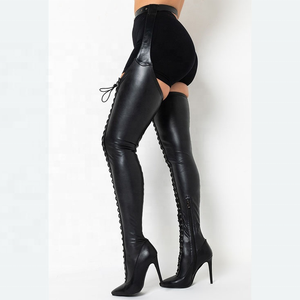 Skintight High Top Front Lace up Women Thigh High Dancing <b>Boots</b> Side Zip Stiletto Lady Pointed Toe Long Booties Big Size 43 - Product Image 3