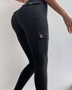 Pantalon de sport Sexy serré élastique pour femmes taille haute course hanche levage 4 poches outillage Fitness Yoga pantalon - Product Image 4
