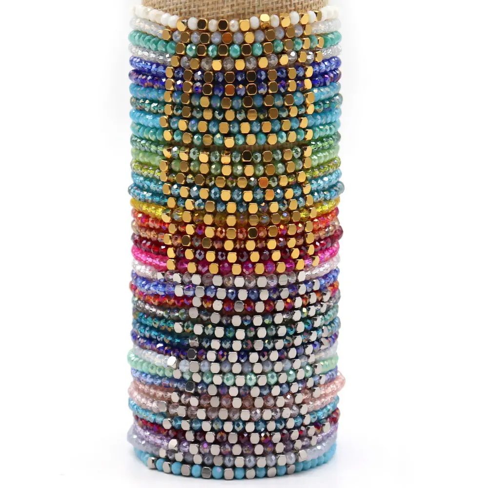 Gelang manik-manik kaca segi kecil buatan tangan kustom gelang manik-manik kristal warna-warni untuk wanita dan pria