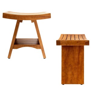 Tabouret de salle de bain double couche incurvé en teck, siège de douche en bois massif imperméable, banc de rangement pour terrasse extérieure - Product Image 5