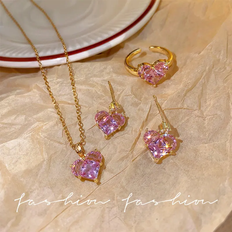 Woman Stainless Steel Pink Crystal Necklace Wedding Jewelry Gift Trendy Party Engagement Small Heart Earrings Ring Set