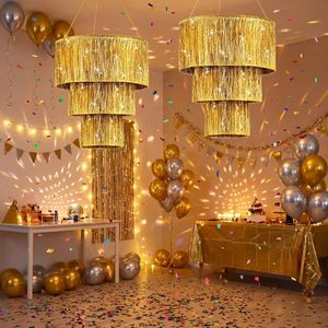 Gold 3 Tier Fringe Tinsel Chandelier Fringe Chandeliers Birthday Bachelorette Foil Shimmering for Graduation Prom Party <b>Decor</b> - Product Image 3