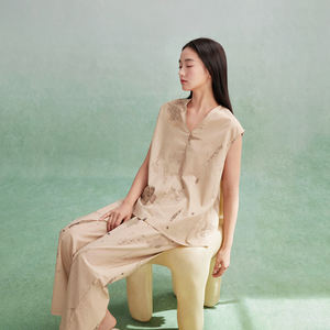 Ensemble de pyjama d'été <span class=keywords><strong>chic</strong></span> sans manches, respirant, imprimé botanique artistique, pour femmes, vêtements de nuit décontractés, vêtements de maison - Product Image 4