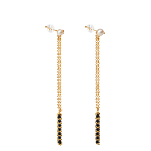 Boucles d'oreilles pendantes tendance en acier inoxydable 316L plaqué or PVD, durables et résistantes, avec longue chaîne en perles et pierres noires - Product Image 2
