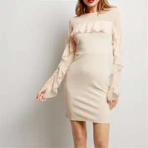 2019 New Fashion 싼 Pink 바닐라 Pink Frill Trim Sleeve Bodycon Dress