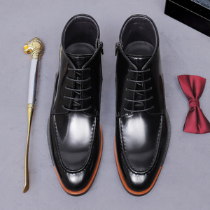 Men's handmade lace-up formal pointed-toe leather boots with shiny zipper, short boots, cowhide high-top men's <b>shoes</b> - Product Image 2