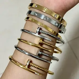 Classical luxury jewelry bracelets women 18k Stainless Steel Gold plated Bangle plain nail bracelet