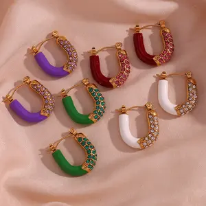 Chất Lượng Cao Đầy Màu Sắc Dầu Thả Lấp Lánh Zircon Hoop Bông Tai Thép Không Gỉ U Hình Dạng Men Hoop Bông Tai Cho Phụ Nữ